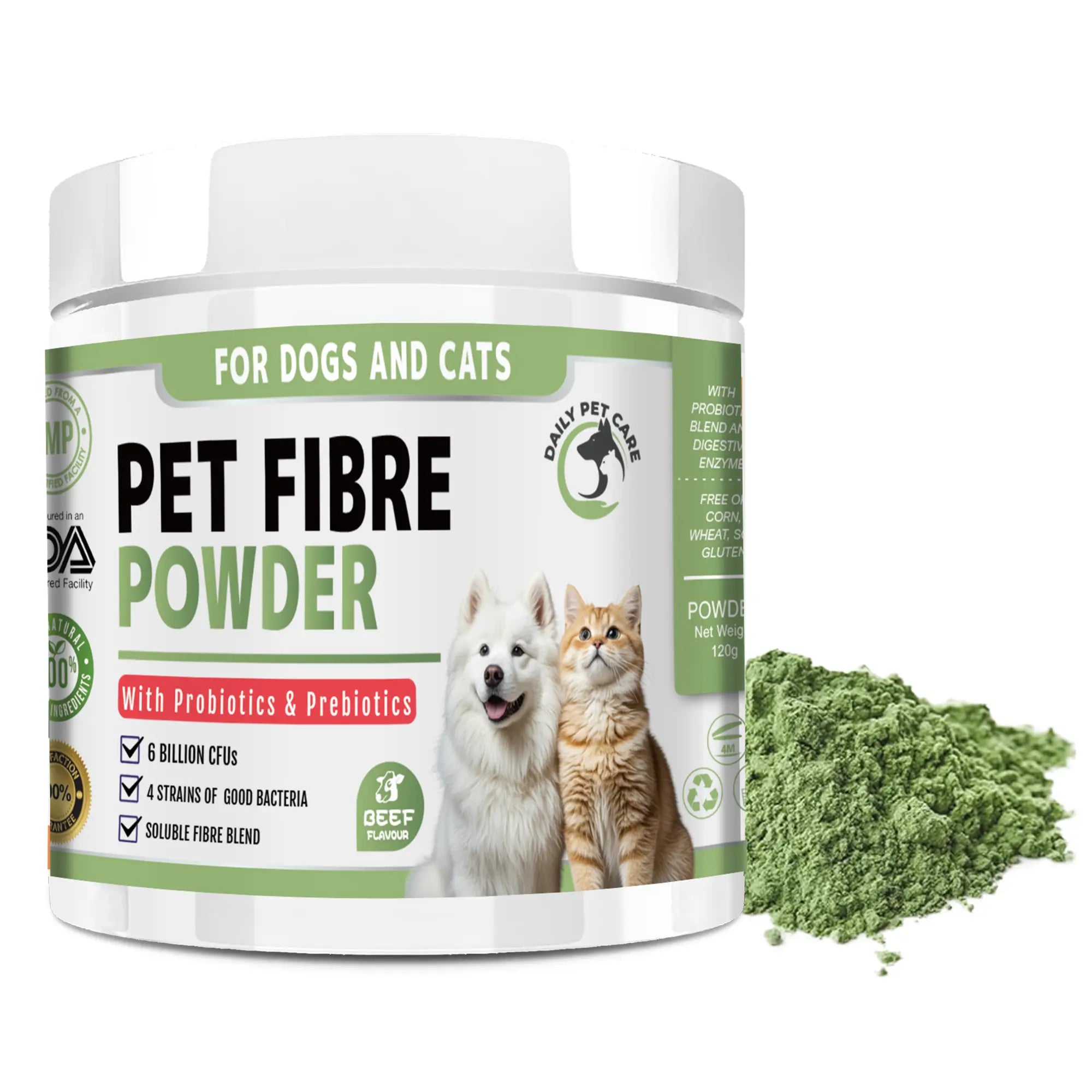 Probiotic fibre powder for pets with prebiotics and digestive enzymes