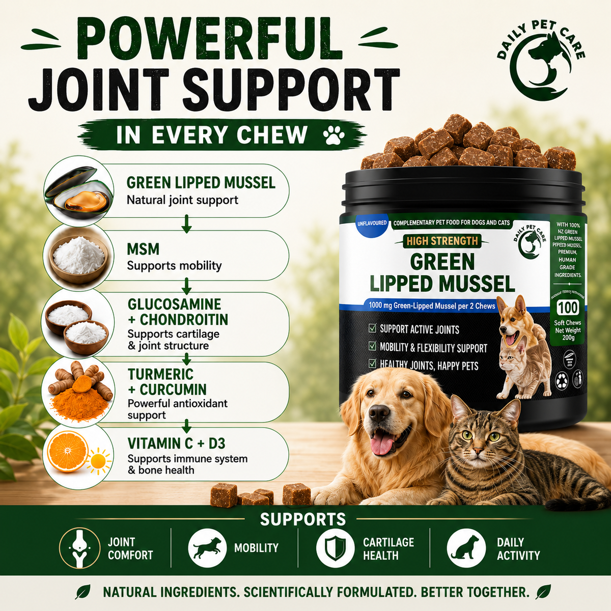 Green Lipped Mussel Chews for Dogs & Cats | Joint Supplement with Glucosamine, MSM, Chondroitin & Turmeric