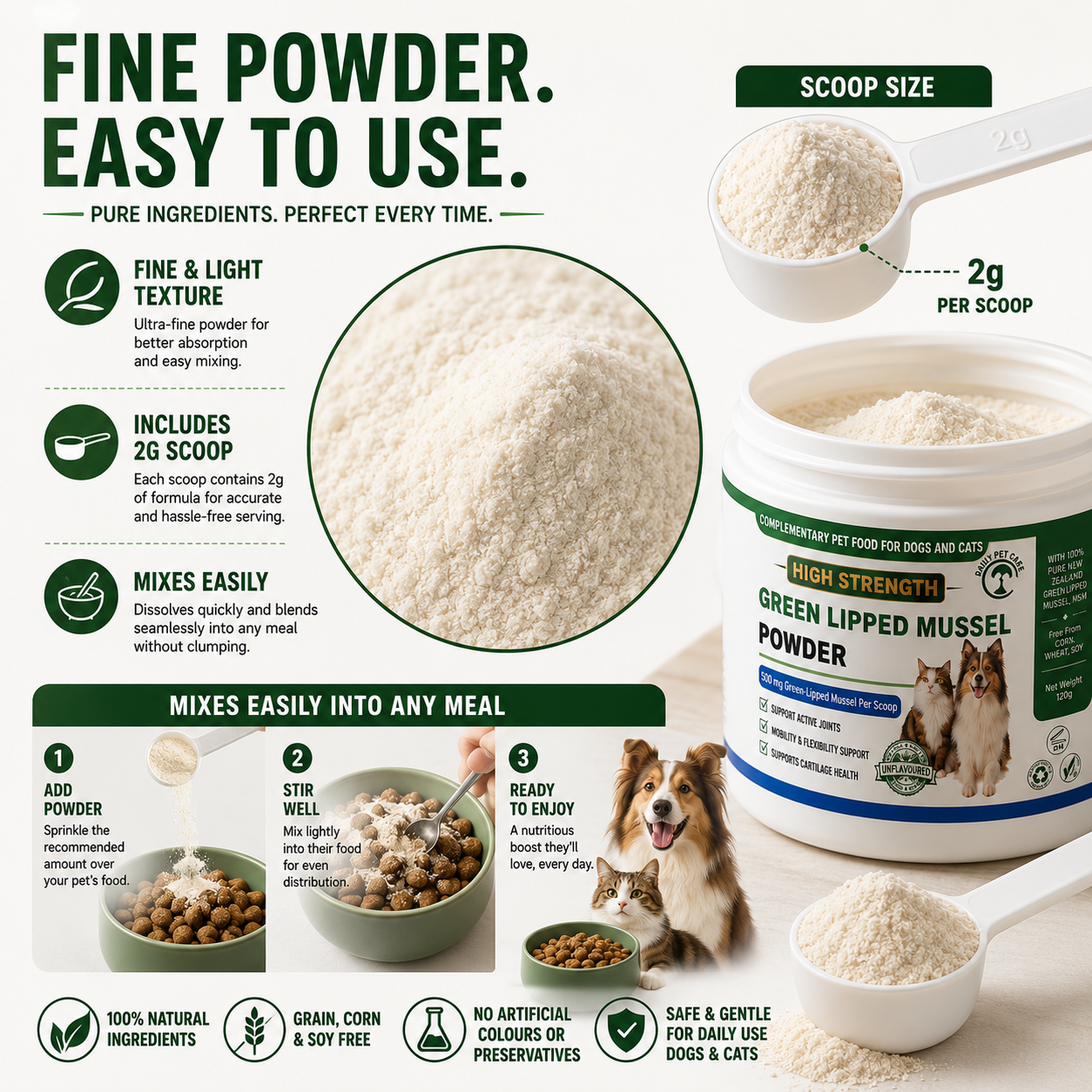 Green Lipped Mussel Powder for Dogs & Cats | Joint Supplement with Glucosamine, MSM & Chondroitin