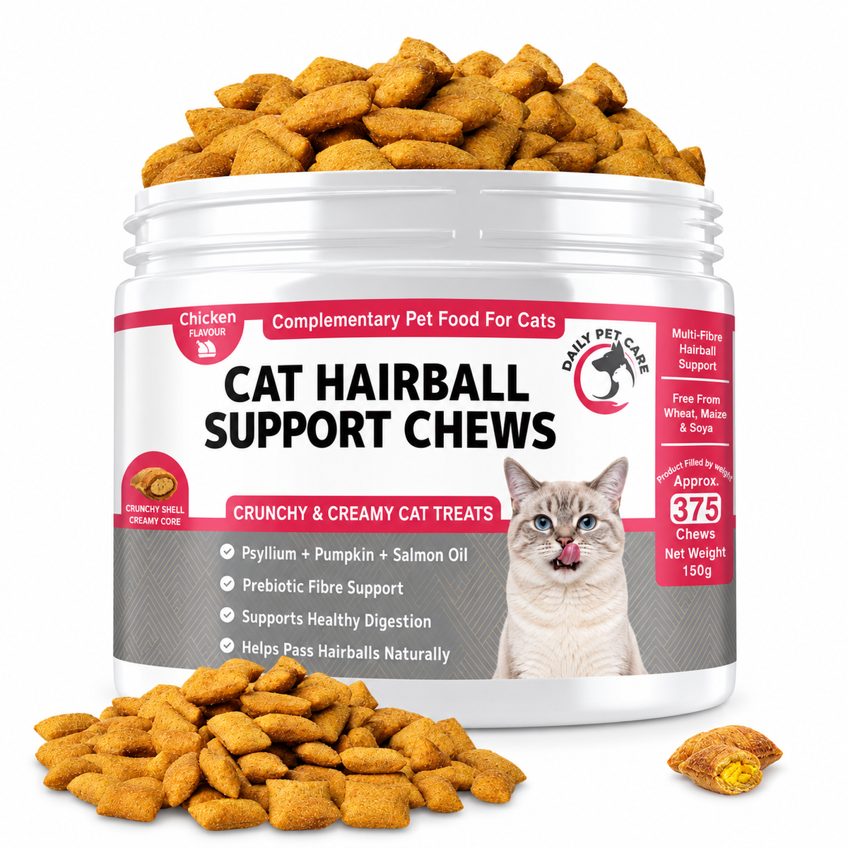Daily Pet Care Cat Hairball Support Chews – Crunchy & Creamy Chicken Flavour Cat Treats, 150 g