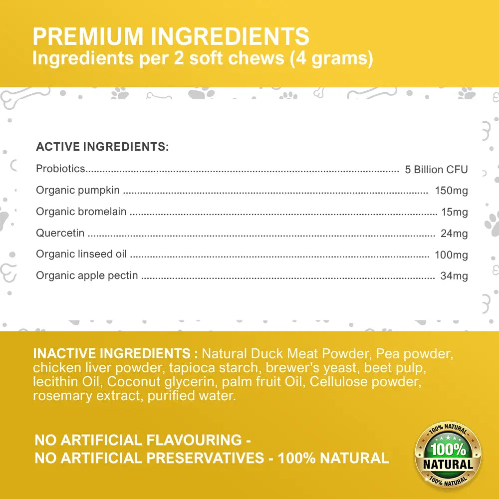 Dog probiotic chews UK digestive support 5 billion CFU duck flavour