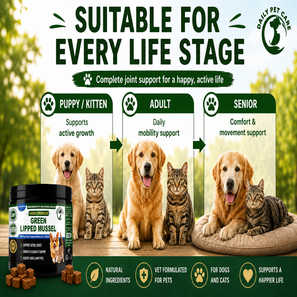 Green Lipped Mussel Chews for Dogs & Cats | Joint Supplement with Glucosamine, MSM, Chondroitin & Turmeric