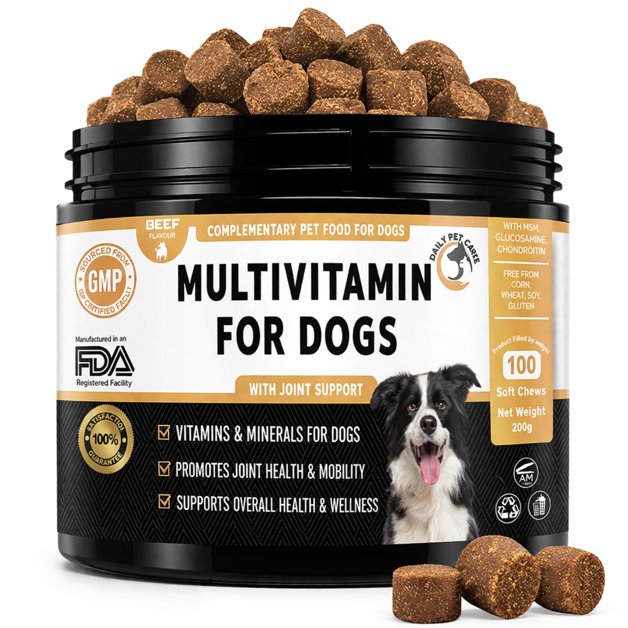 Dog Multivitamin UK – 15-in-1 Dog Multivitamin Chews for Dogs with Probiotics, Glucosamine & Omega Oils | Daily Dog Supplement | DailyPetCare