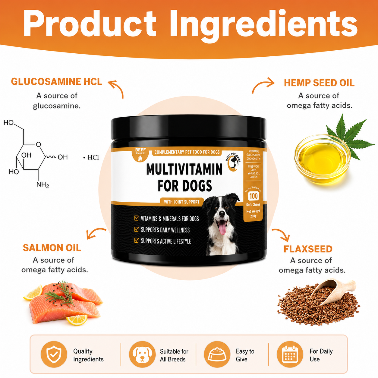 Dog Multivitamin UK – 15-in-1 Dog Multivitamin Chews for Dogs with Probiotics, Glucosamine & Omega Oils | Daily Dog Supplement | DailyPetCare