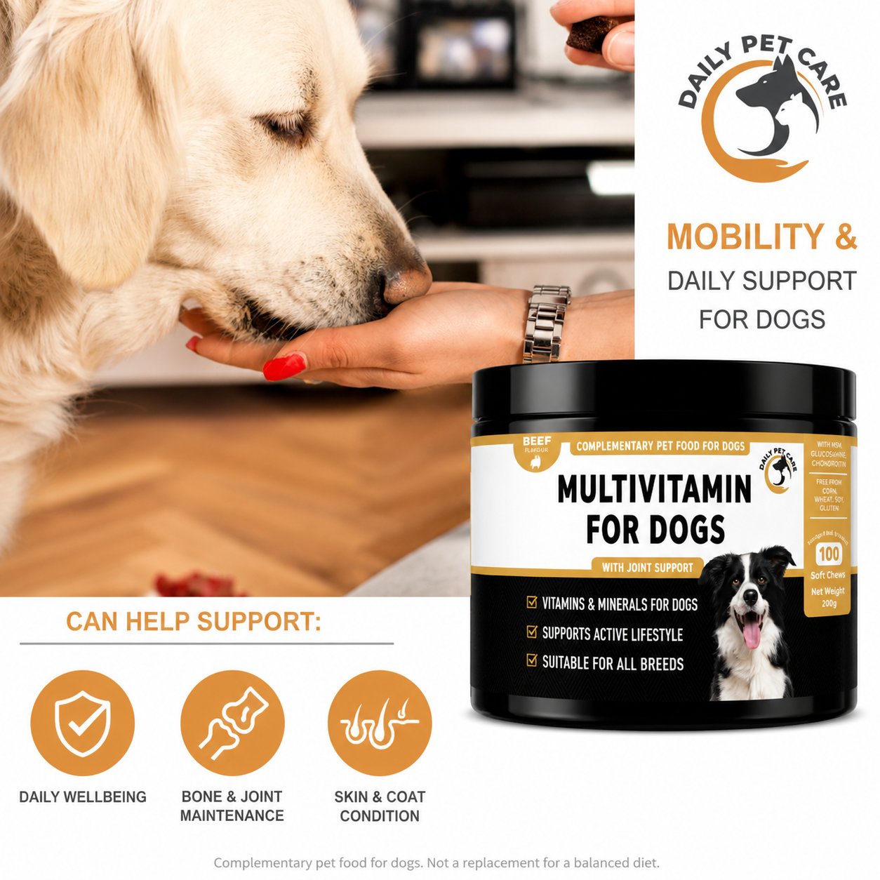Dog Multivitamin UK – 15-in-1 Dog Multivitamin Chews for Dogs with Probiotics, Glucosamine & Omega Oils | Daily Dog Supplement | DailyPetCare