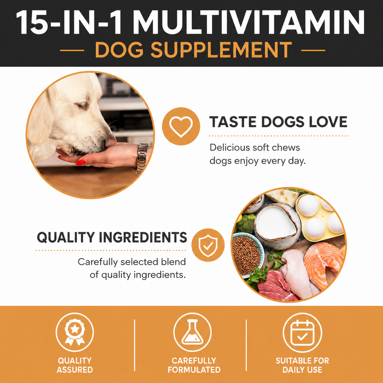 Dog Multivitamin UK – 15-in-1 Dog Multivitamin Chews for Dogs with Probiotics, Glucosamine & Omega Oils | Daily Dog Supplement | DailyPetCare