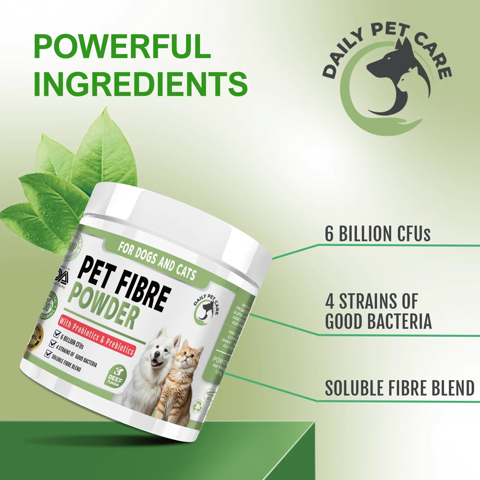 Probiotic fibre powder for pets with prebiotics and digestive enzymes