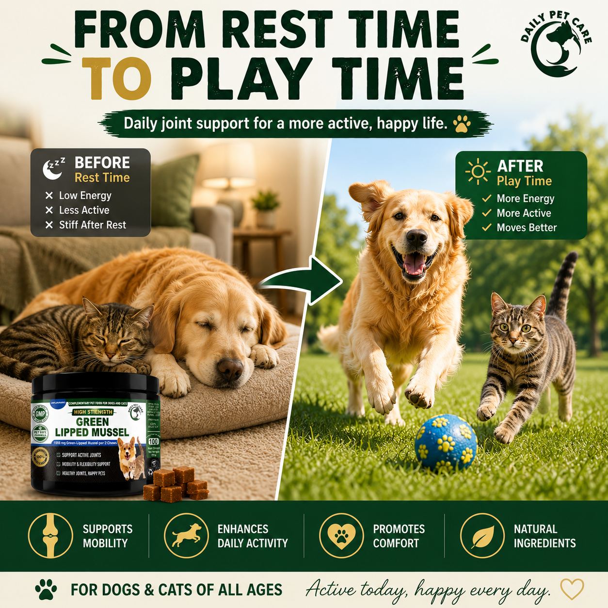 Green Lipped Mussel Chews for Dogs & Cats | Joint Supplement with Glucosamine, MSM, Chondroitin & Turmeric