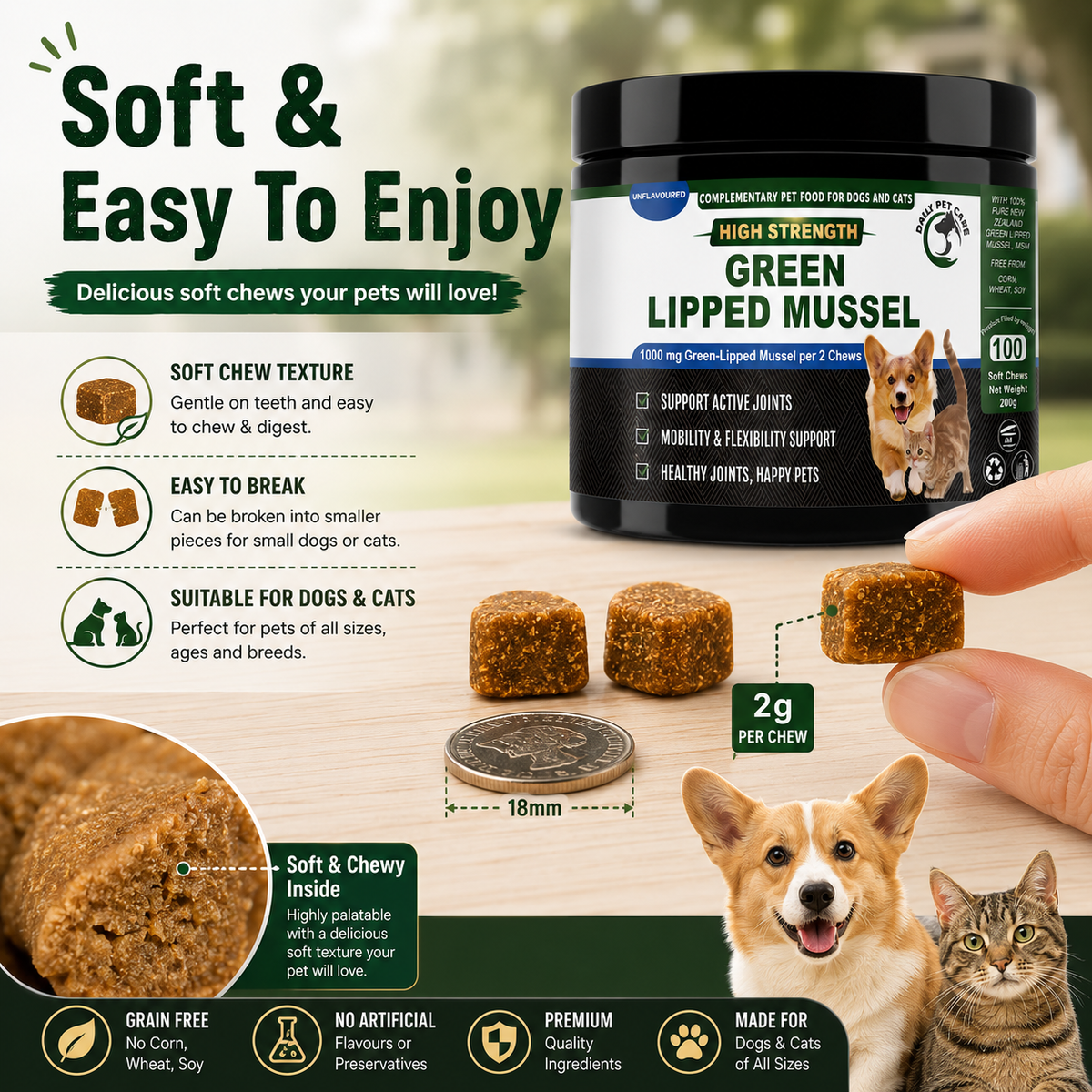 Green Lipped Mussel Chews for Dogs & Cats | Joint Supplement with Glucosamine, MSM, Chondroitin & Turmeric