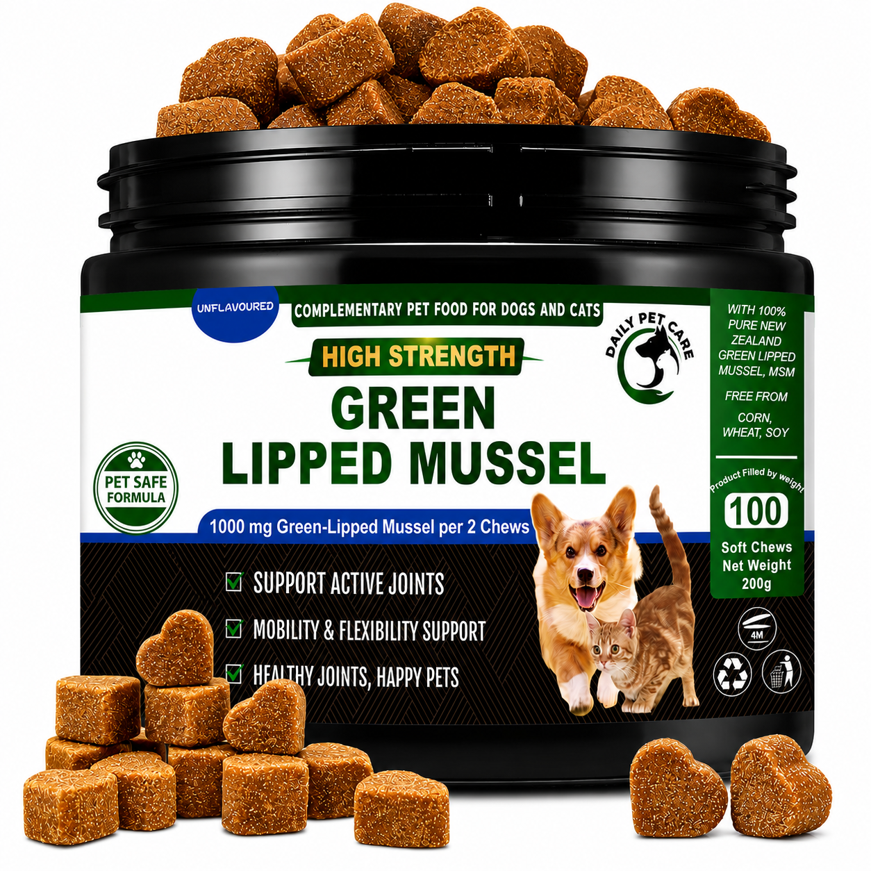 Green Lipped Mussel Chews for Dogs & Cats | Joint Supplement with Glucosamine, MSM, Chondroitin & Turmeric