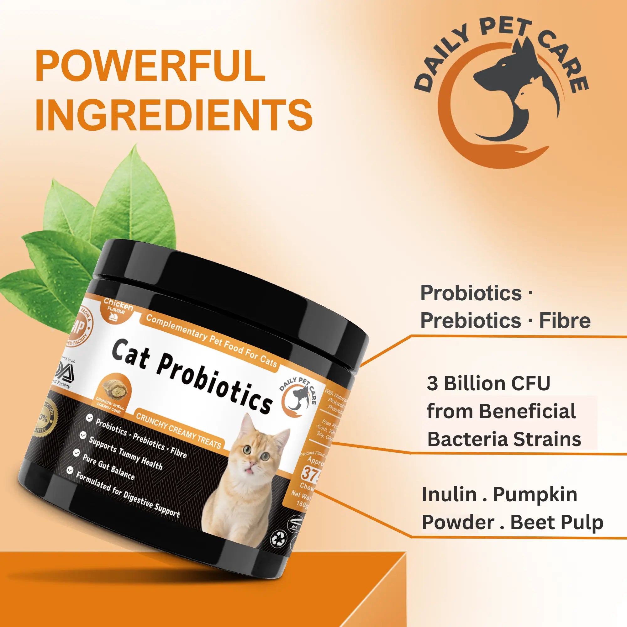 Cat probiotic treats with pumpkin prebiotics and salmon oil for digestion